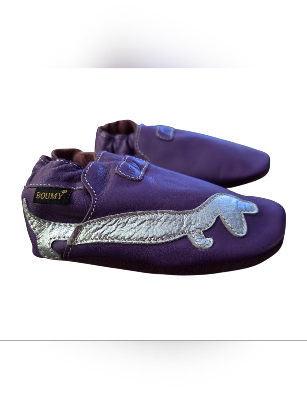 Boumy Purple Leather Soft-sole Baby Crib Shoes with Silver Dachshund